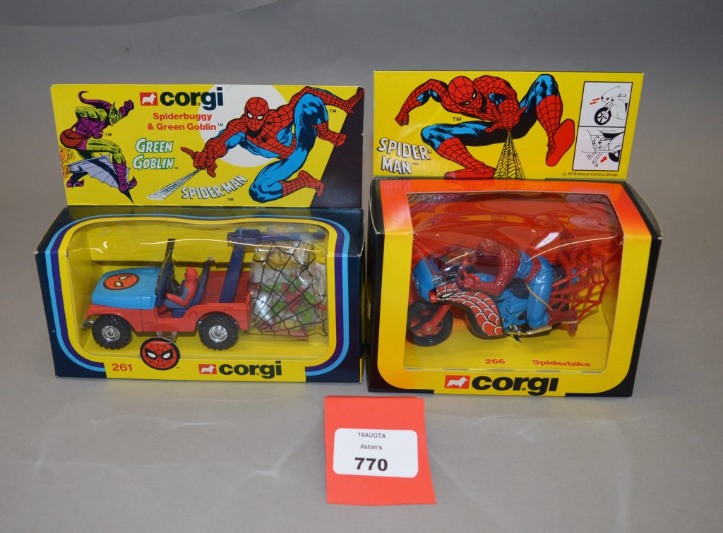 Corgi Spider-Man related diecast models (#261 Spiderbuggy & Green Goblin and #266 Spiderbike)
