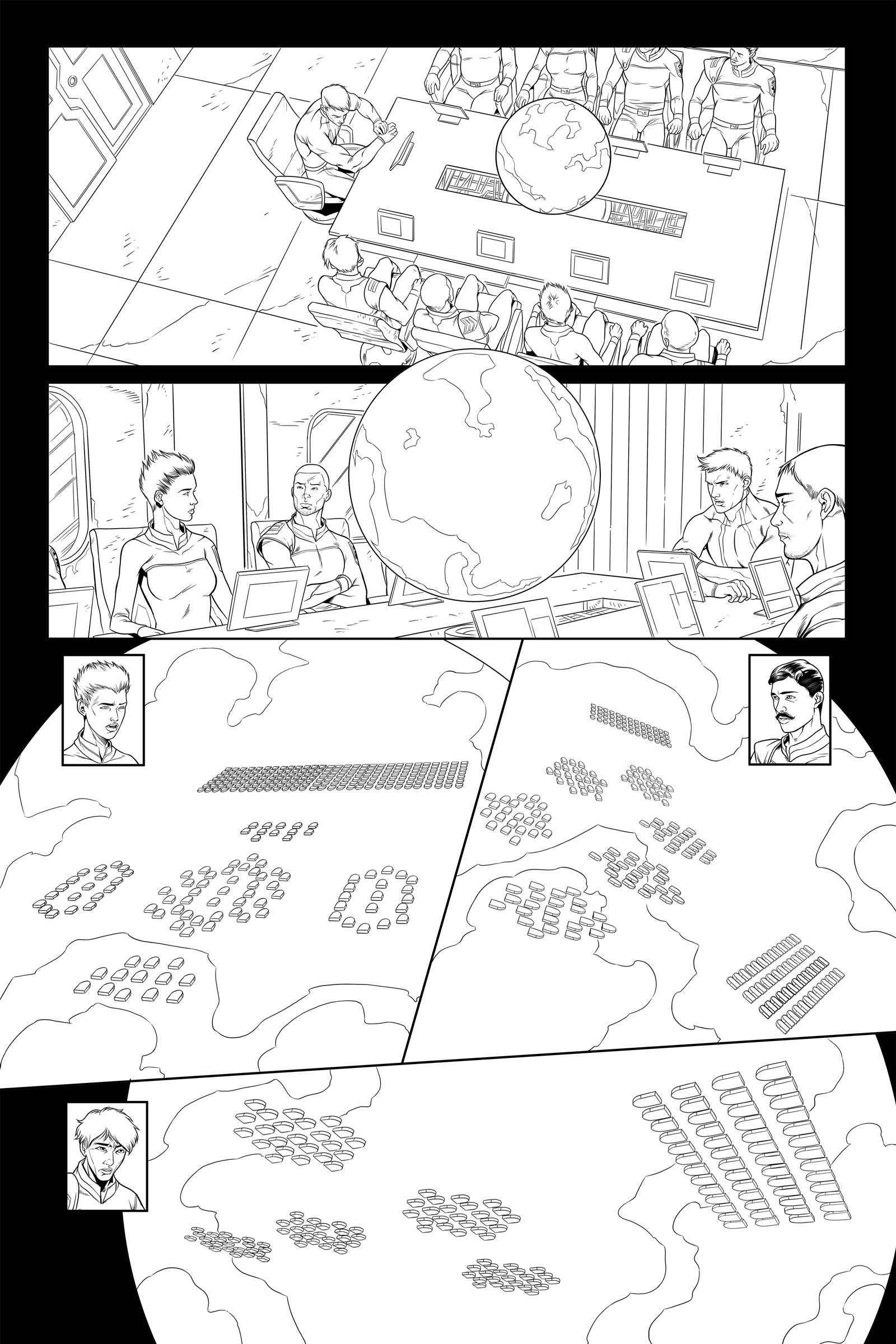 Lost Fleet #4 Page 7 - First Pass. First inks for a page featuring a battle simulation that wasn't quite in keeping with the Lost Fleet novels