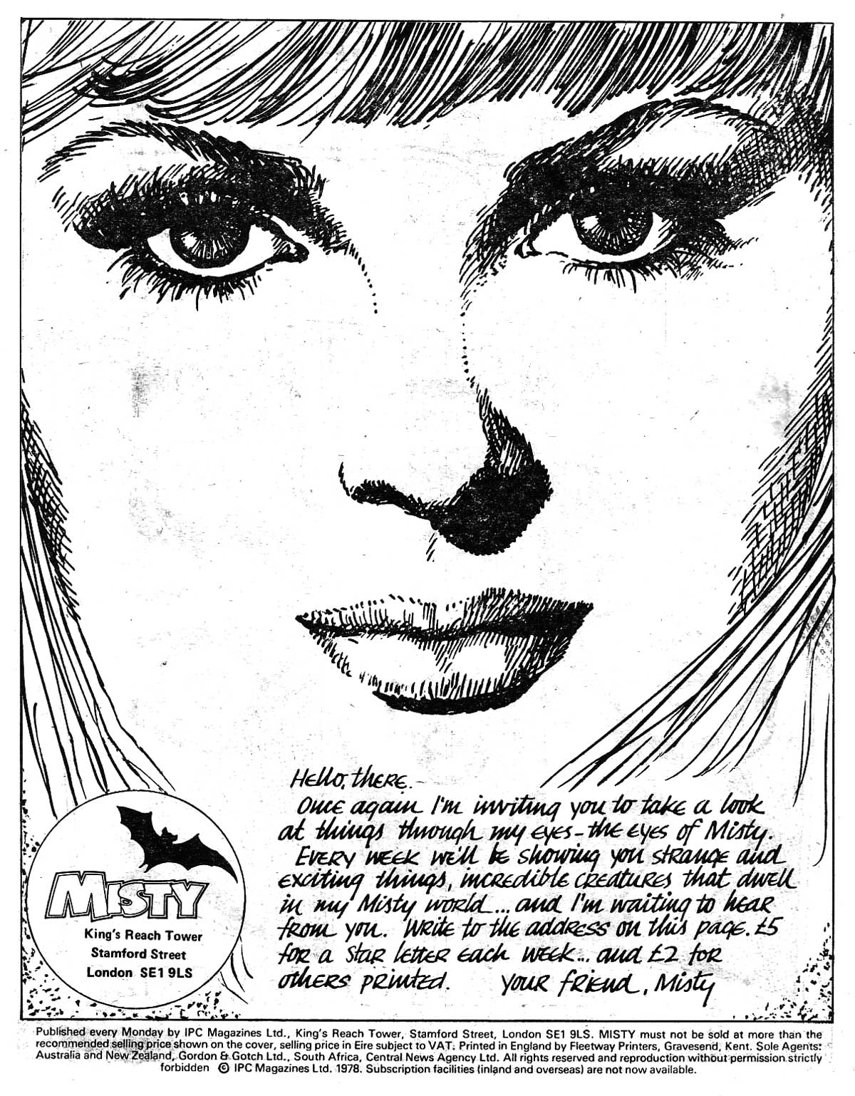 The simple but effective intorduction page to Misty Issue 6, with art by Shirley Bellwood