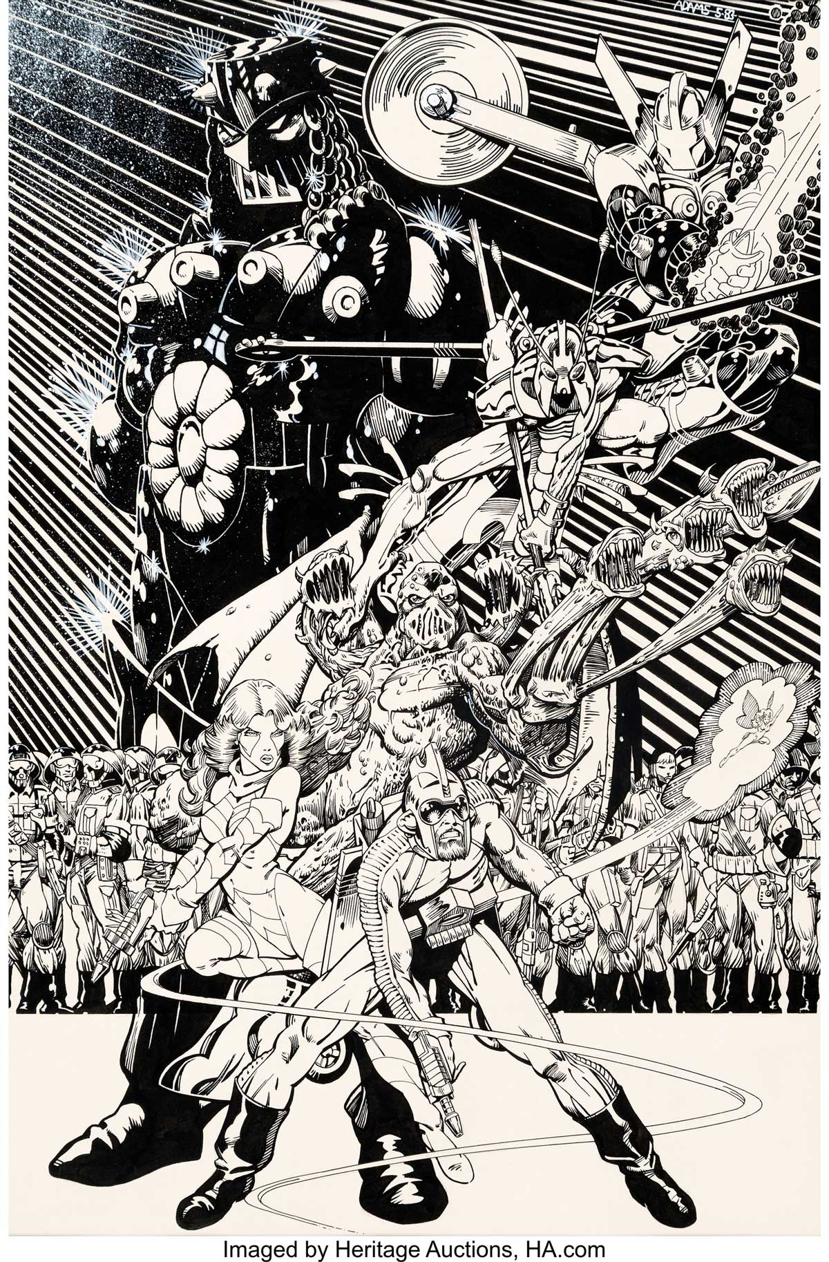 Arthur Adams Micronauts Unpublished Pin-Up Original Art (Marvel, 1983). A piece that pre-dates his first published comics work, this is a simply stop-you-in-your-tracks show-piece, stuffed full of detail and an obvious love for the subject matter! This pin-up features the looming figure of Baron Karza above the main Micronauts players of Acroyear, Bug, Huntarr, Marionette, Fireflyte, and Arcturus Rann (not to mention a slew of Karza's guards).
