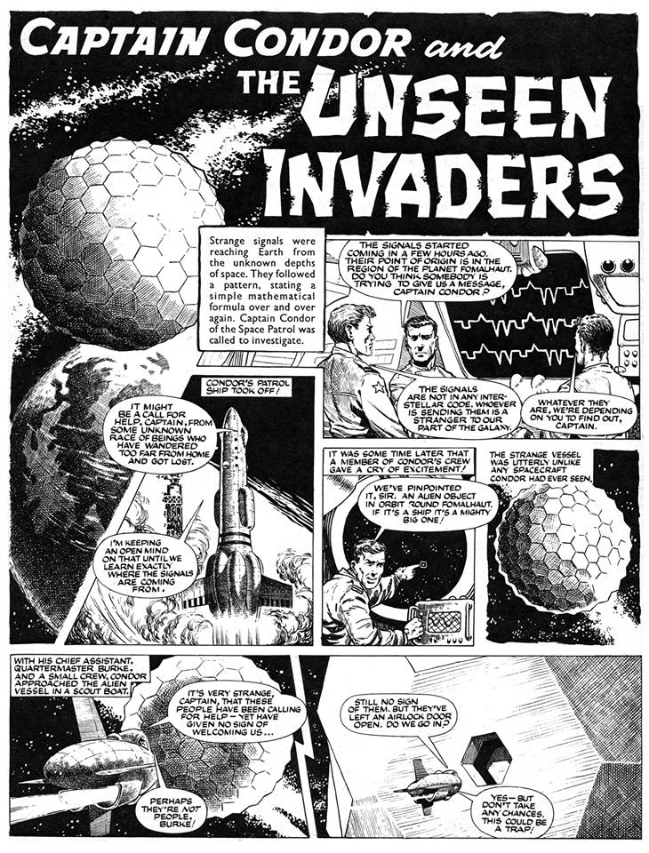 The opening page of 'Captain Condor and the Unseen Invaders' - Brian Lewis's third and final Captain Condor serial which originally appeared in Lion from November 1962 to January 1963. This scan is taken from the edited version of the story that was subsequently reprinted in the 1968 Lion Summer Special. Via the Art of Brian Lewis Facebook group