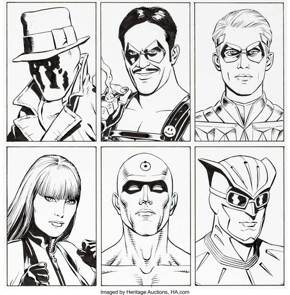 Dave Gibbons Watchmen Movie Reference Illustration Original Art (DC/Warner Brothers, 2009). Original Watchmen related art by Dave Gibbons is hard enough to find, but a fantastic grouping of headshots of the six main characters is a real corker of a find! Featuring Rorschach, the Comedian, Ozymandias, Silk Spectre, Dr. Manhattan, and Nite Owl. 