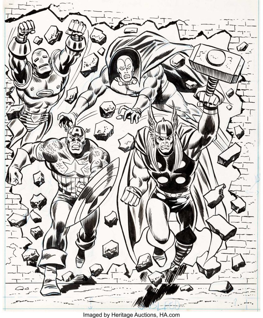 Avengers Annual 1975 Cover Original Art (Marvel UK, 1975). Most of these annulas at the time were adapted from style guide art by a variety of artists. David Roach suggests the art is by Ron Wilson, inked by Frank Giacoia. The annual itself reprinted Avengers #110-112