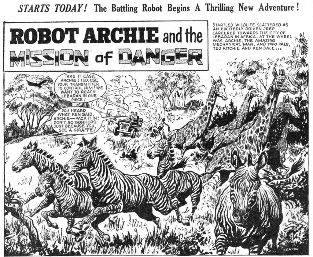 A panel from "Robot Archie" in Lion. If you look closely, in the bottom right hand corner artist Ernest Kearon has managed to sneak his name in! This is from the issue cover dated 15th July 1967. With thanks to Bambos Georgiou