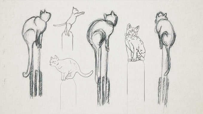 Early statue designs for the memorial to Félicette, the First Cat in Space