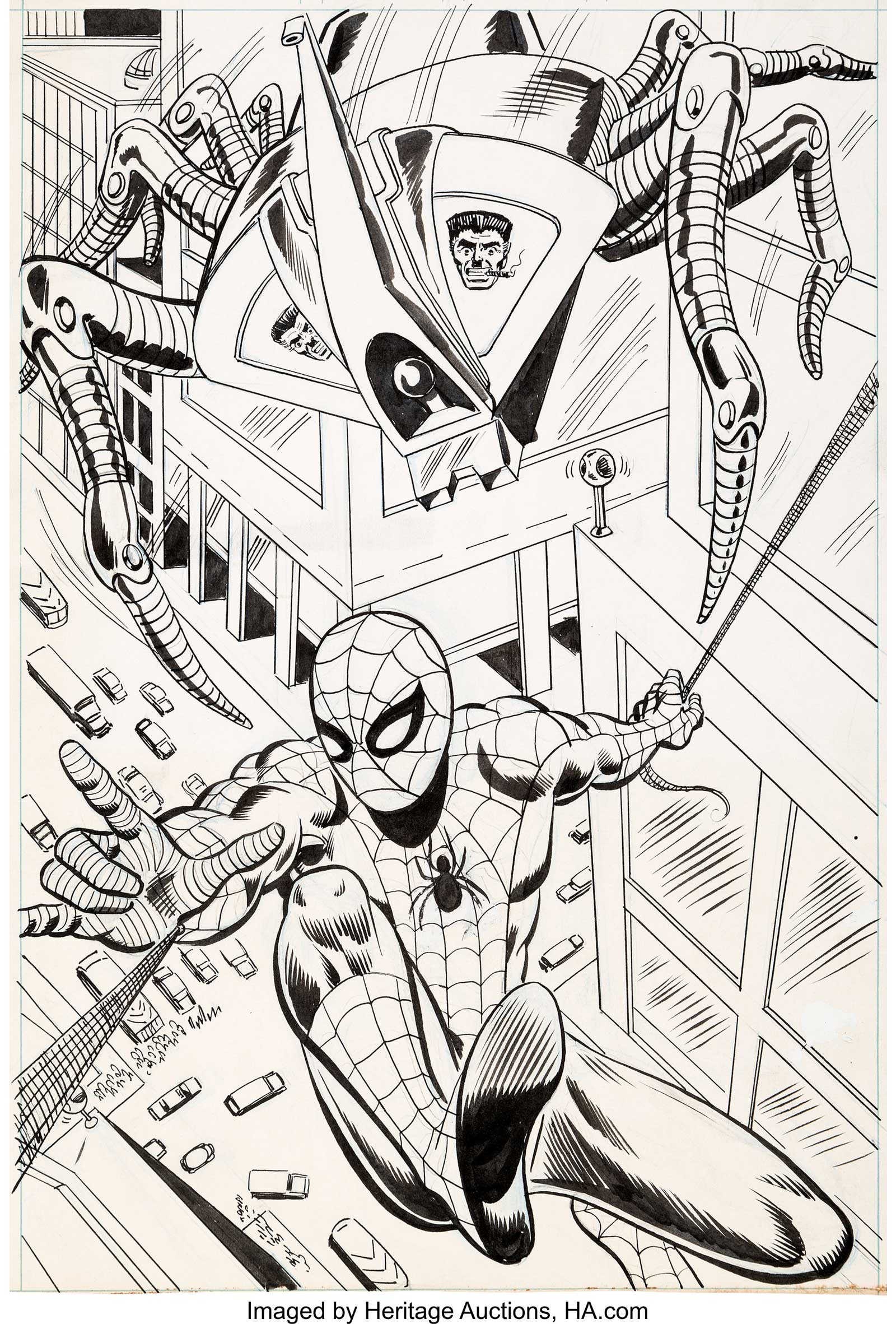 The splash page from Spider-Man Comics Weekly #149 published by Marvel UK in 1975, issue cover dated 20th December 1975. J. Jonah Jameson's Spider-Slayer robot is hot on the heels of Spidey as part of the title's ongoing reprinting of Amazing Spider-Man #105. 