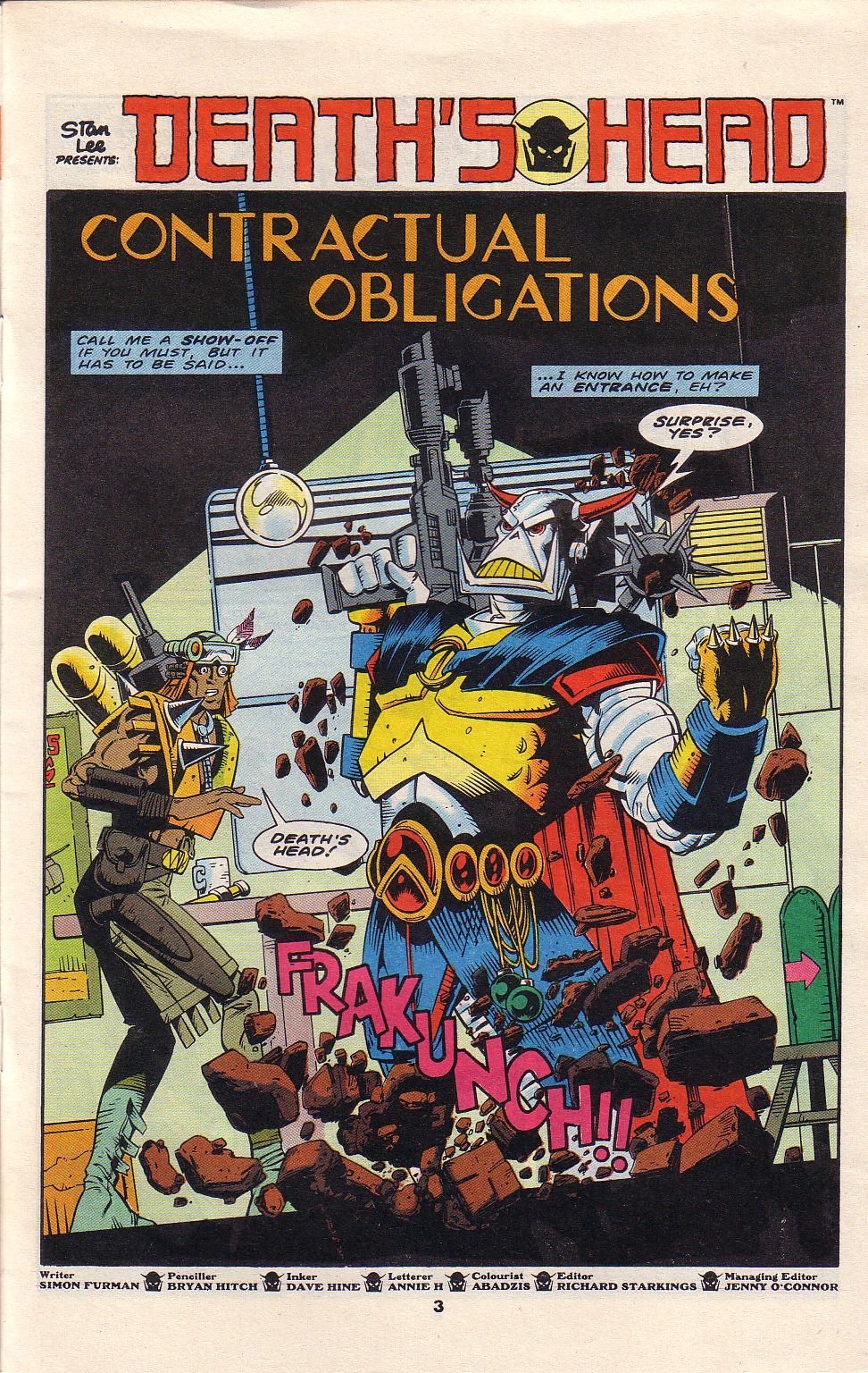 The opening page of Marvel UK's Death's Head #2, art by Bryan Hitch, inked by David Hine, published in 1989