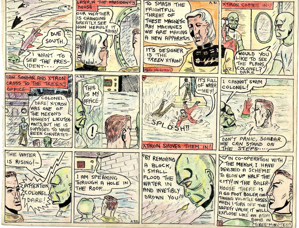 This page retelling "Ice Men of Venus" sees Dan and Sondar leaving Kalon’s office with a Treen called Xtron, to go to his office to see some plans he has designed for a device to overcome the magnetic rays the Mekon is using at the pole, wrecking spaceships and causing adverse weather on Venus. His office is flooded and he pushes them in. Sondar cannot swim and panics. Xtron tells them he is working for the Mekon, and is going to drown them. He has also sabotaged a huge boiler to explode and destroy the city.