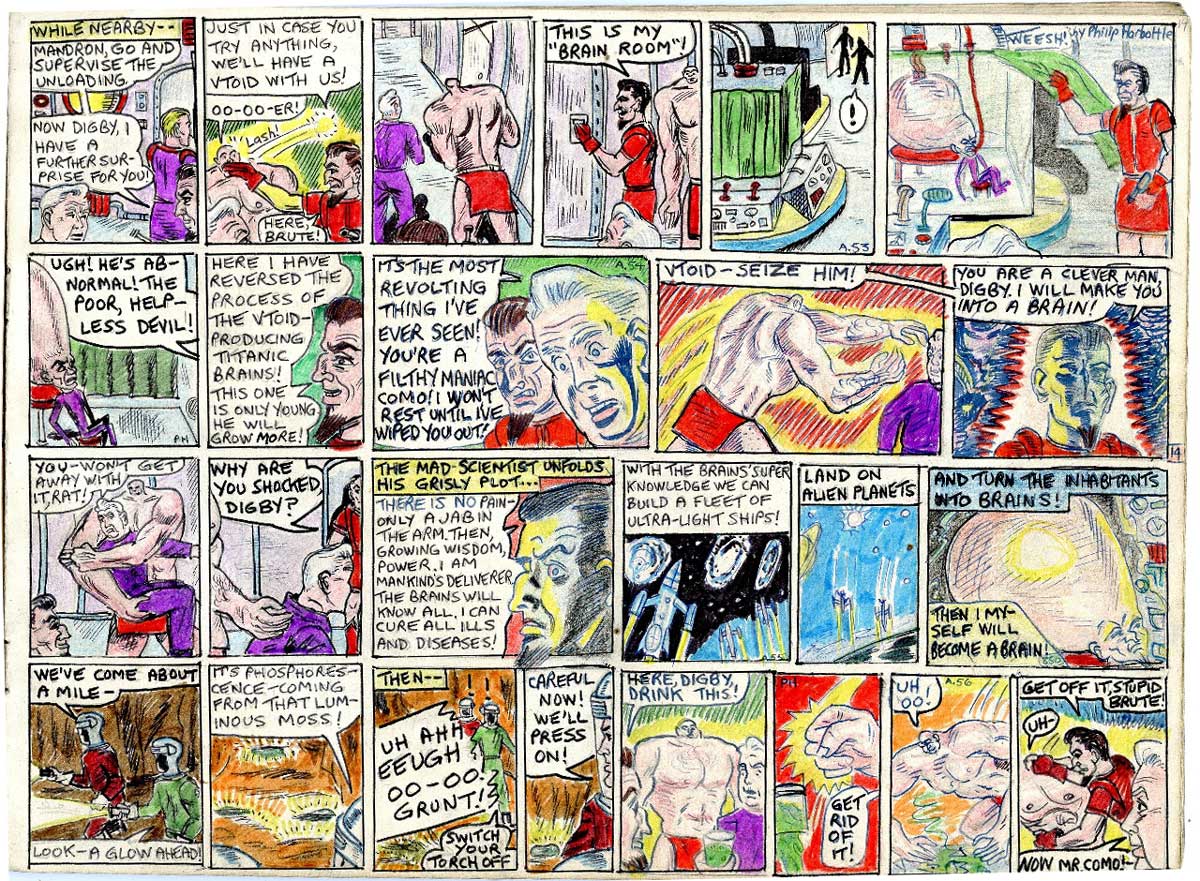 A page from Philip Harbottle's comic strip adaptation of "The Adventures of Dan Dare - The Sirilium Stealers", drawn in 1956