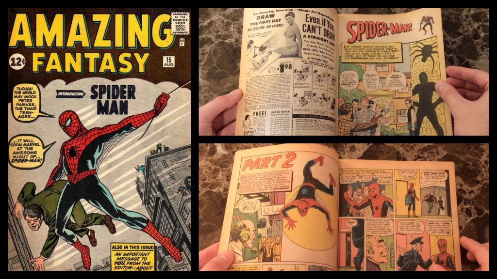Spider-Man's first appearance, in Amazing Fantasy #15. Check out how the comic looked here on YouTube
