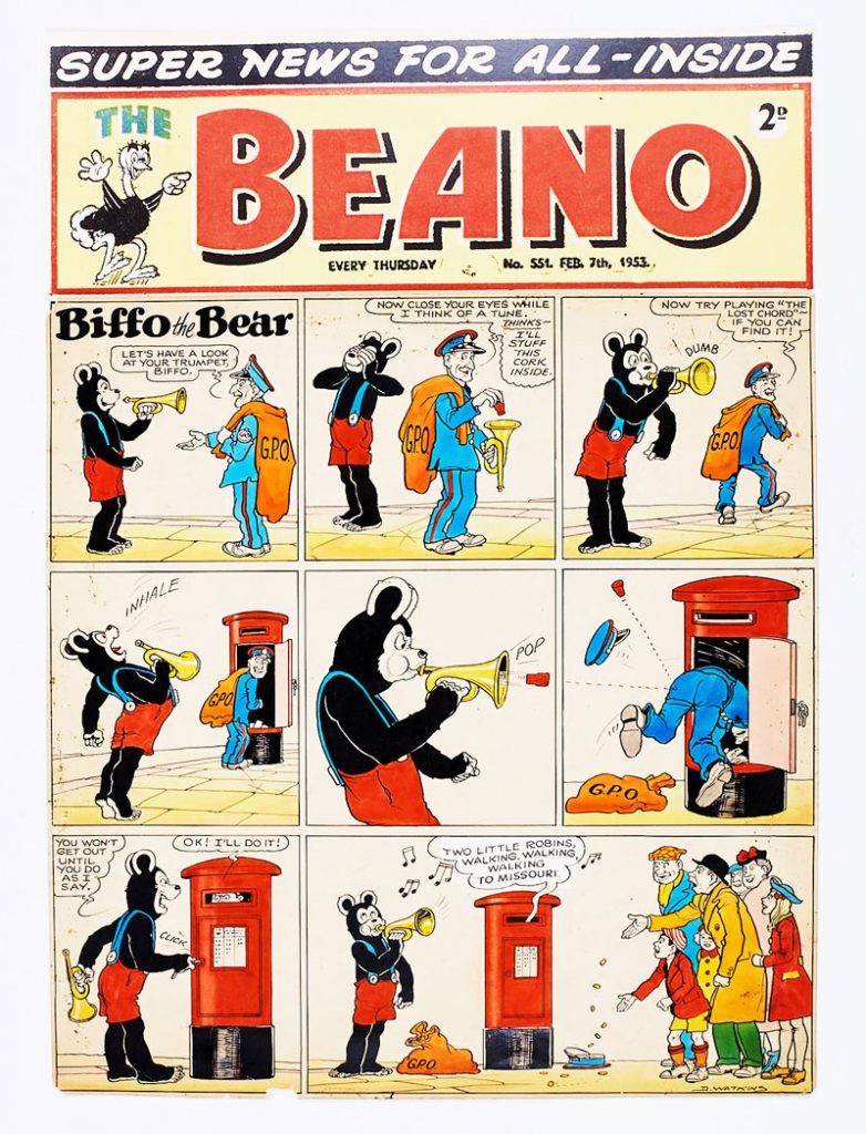 Beano/Biffo The Bear original front cover artwork (1953) from The Beano No 551 Feb 7th 1953. Drawn and signed by Dudley Watkins. The Postman stuffs a cork in Biffo's trumpet but ends up posted in his own letterbox! This art is poster colour and ink on cartridge paper. There are some small sealed tears to lower margin with a small piece missing. 20 x 14 ins. ‘The Beano' header is a laser colour copy