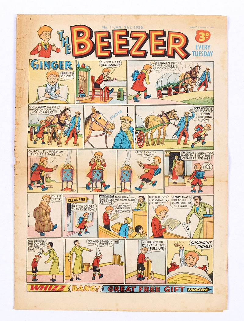 Beezer No 1 (1956). Starring Ginger by Dudley Watkins, Pop, Dick and Harry, Mick on the Moon and the Banana Bunch by Leo Baxendale