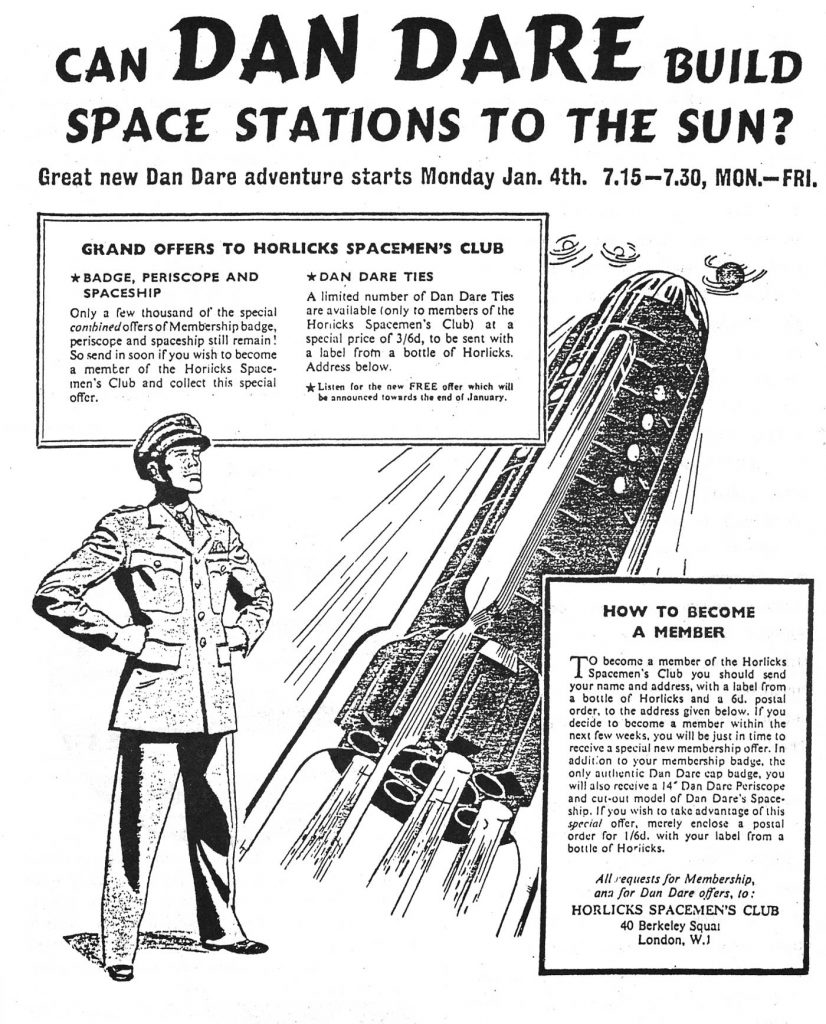 An advertisement for the 1954 The Adventures of Dan Dare Radio Luxembourg serial, "Attack on the Space Stations"