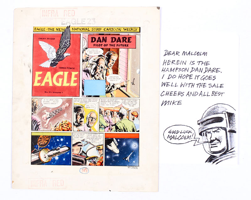  Dan Dare original artwork for the story "Terra Nova", for Eagle Volume 10 No 23. At this time, the art team comprised Frank Hampson, Frank Bellamy, Keith Watson, Don Harley and Gerald Palmer. Colonel Dare and Digby launch Anastasia to locate the derelict ship 'Galactic Pioneer', his father's vessel, lost in space some thirty years earlier. Note the Eagle logo and header was painted by illustrator and original owner, Mike C with his sketch of encouragement. (Other boards of this time do not feature a logo at all).