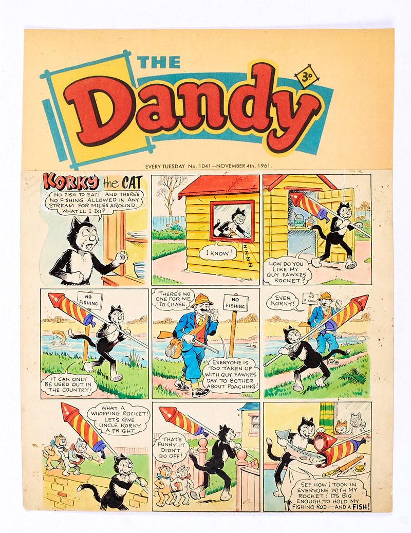 Dandy/Korky The Cat original front cover artwork by Jimmy Chrichton from The Dandy fireworks issue No 1041 (cover dated 4th November 1961). Fishy firework foolery! Bright poster colour and Indian ink on cartridge paper. 19 x 14 ins. ‘The Dandy' header is a laser colour copy