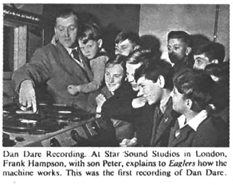 A photograph of Dan Dare creator Frank Hampson with his son Peter in the Star Sound Recording Studios, from Eagle cover dated, 10th April, 1952 (Volume 3, No. 1).