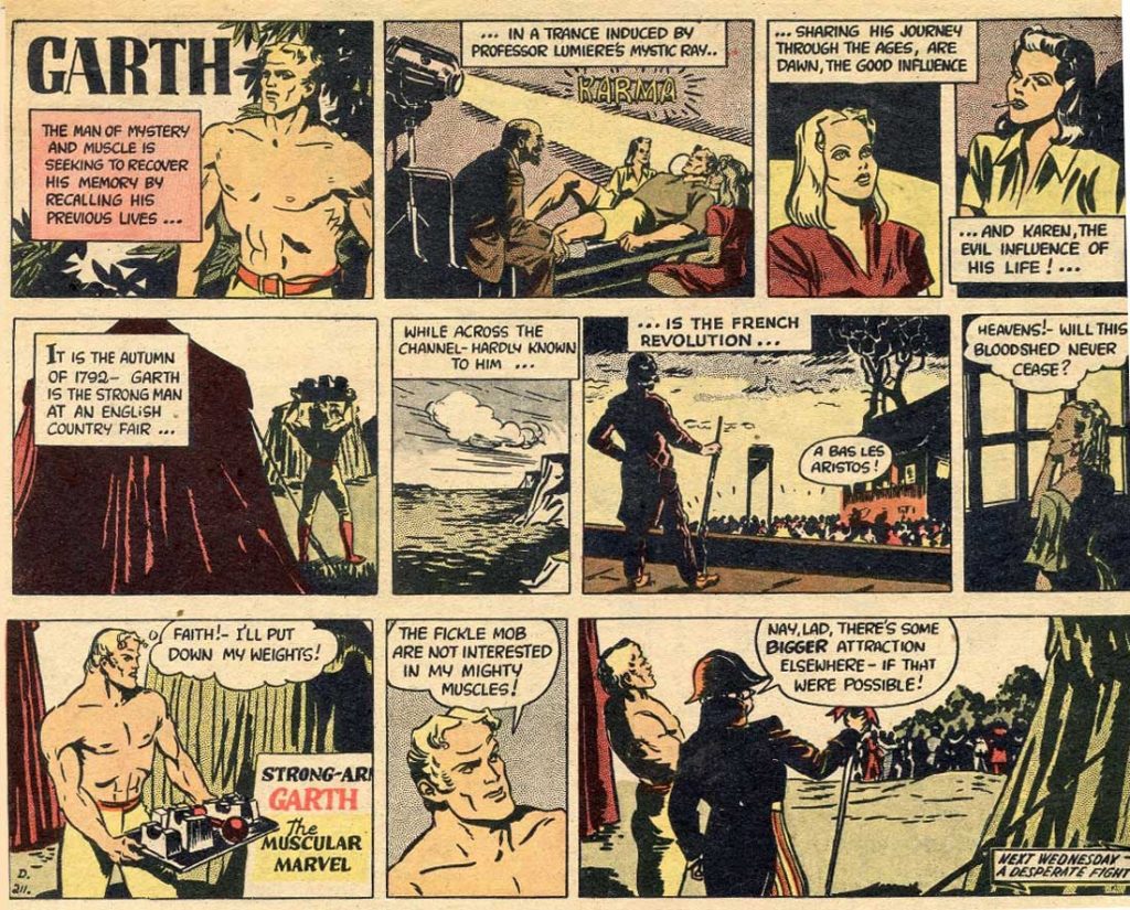 The first overseas reprint of Garth, in Australia, from The Argus Woman's Magazine (6th March 1946). The opening panel was not from the Daily Mirror: it was especially created for this first overseas syndication, in Australia. It appears nowhere else. The Argus story opens with the second panel of the seventh and final adventure of "The Seven Ages of Garth". © 2018 MGN Limited