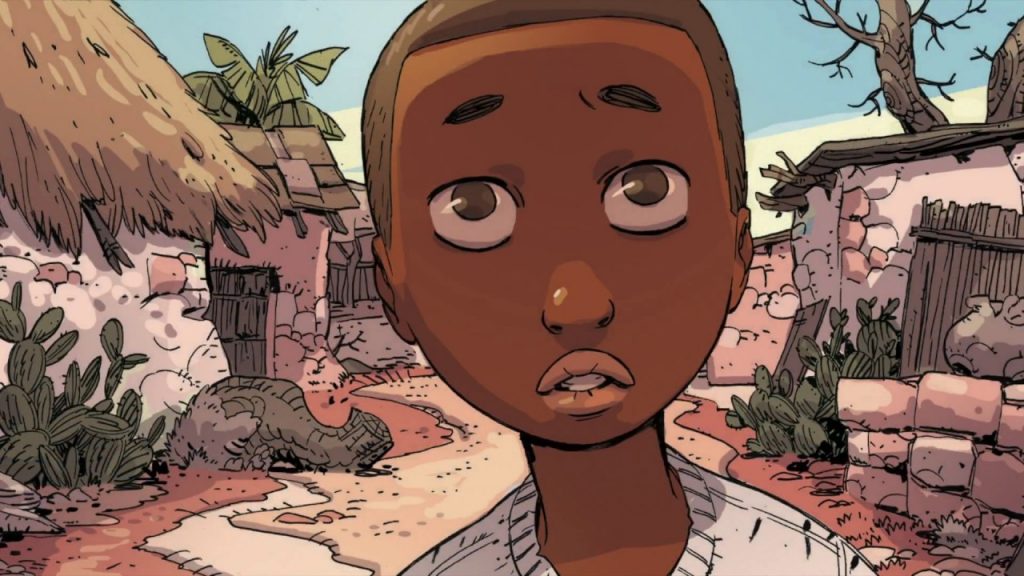 A panel from "Illegal" the graphic novel by writers Eoin Colfer and Andrew Donkin, and artist Giovanni Rigano