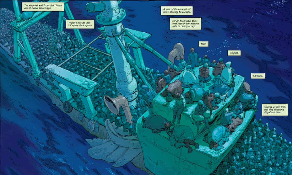A panel from "Illegal" the graphic novel by writers Eoin Colfer and Andrew Donkin, and artist Giovanni Rigano