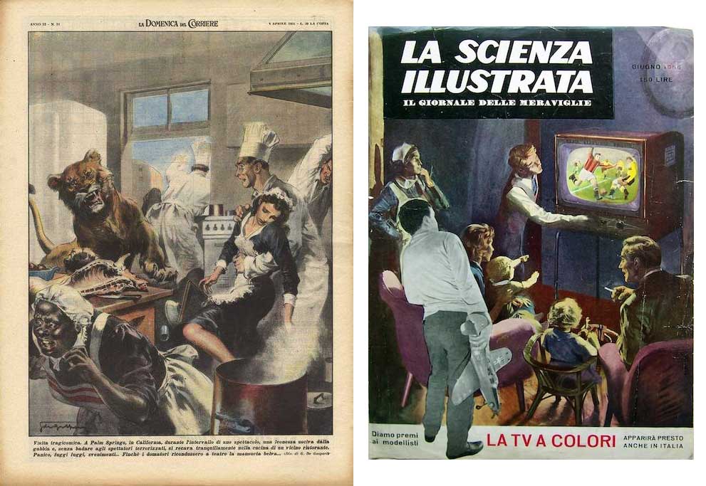 Work for the Sunday paper, La Domenica del Corriere and La Scienza Illustrata by Giorgio De Gaspari. For La Domenica del Corriere, Gaspati illustrates "a tragicomic visit" when a lioness escaped from her cage during the interval of a show Palm Springs, and ignoring the audience went into the kitchen of a nearby restaurant causing panic, fainting and a stampede until the tamers managed to bring the docile beast back to the theatre. The cover for La Scienza Illustrata, published in June 1956, celebrates the impending arrival of colour television in Italy.