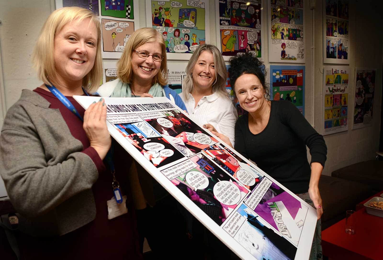 From left: Alison Dodd, Jane Meacham and Diane Sheron from Stepping Stones with The Dukes Creative Learning and Outreach Manager, Vicky Fletcher at the exhibition. Photo courtesy The Dukes, Lancaster
