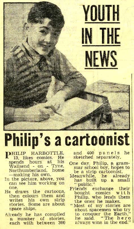 An article about budding comics creator Philip Harbottle, published in the Junior Mirror on 22nd June 1955