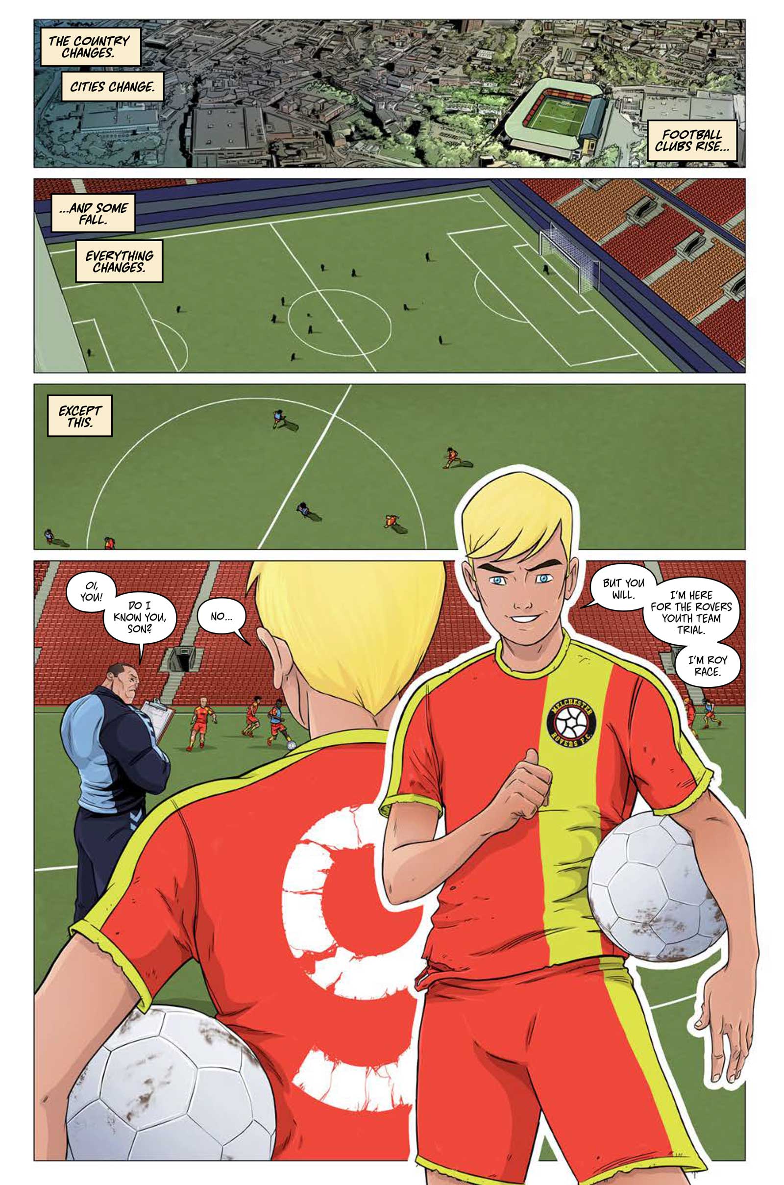 A page from Roy of the Rovers - Kick Off by Rob Williams and Ben Willsher © Rebellion Publishing Ltd.