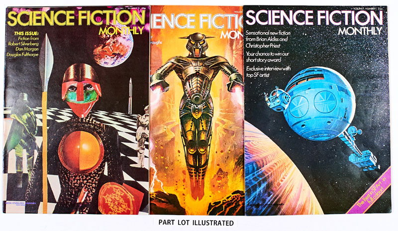 Science Fiction Monthly (1974-76 New English Library) 1-28 Complete run. Vol. 2 No 11 with T-Shirt Transfer. With stories by Ray Bradbury, John Wyndham, Brian Aldiss and Arthur C Clarke, featuring artists Bruce Pennington, Chris Foss, Tim White and Bob Fowke. In large, broadsheet size, Science Fiction Monthly was published loose leaf and the centre double page posters were often extracted thus ensuring that very few complete sets survive. This one heroically has, and in very high grades