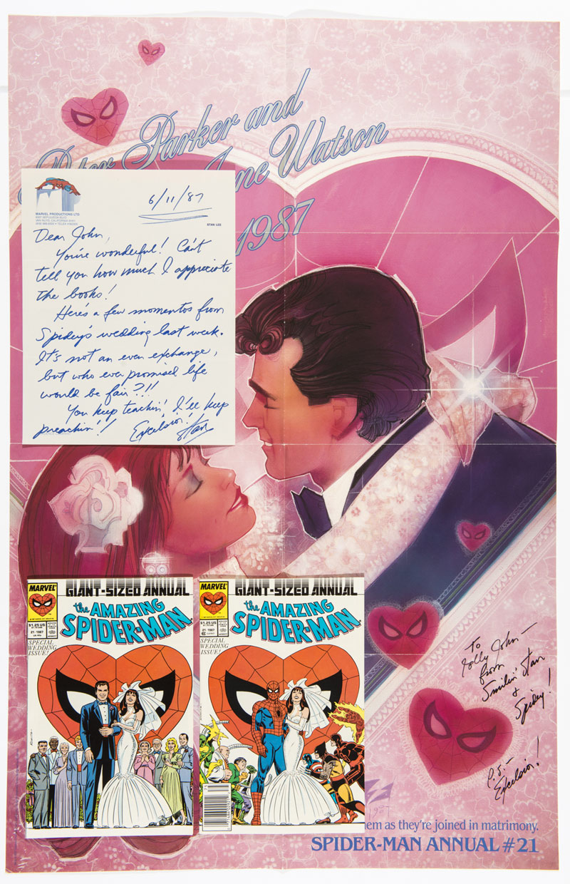 Stan Lee letter signed Spidey Wedding poster and two Amazing Spider-Man Giant-Size Annual 21 (1987) the Newstand and Direct sale cover variants From the 'Uncle Stan' collection sold by Comic Book Auctions in September 2000. Stan Lee's letter (6/11/87) on Marvel notepaper to his nephew John in London enclosed with signed Spidey Wedding poster and the two Giant Size annuals both signed to the splash page margins: Sorry you missed the wedding! Excelsior Stan Lee '87