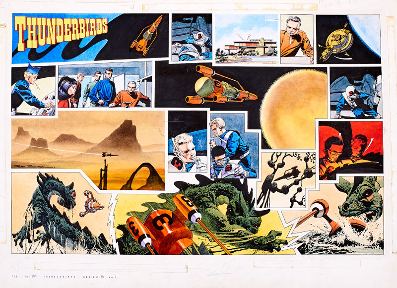 Thunderbirds original double-page artwork (1966) drawn, painted and signed by Frank Bellamy for TV Century 21 No 90 1966. From the Bob Monkhouse Archive. The front cover of the comic screamed, 'Nightmare Splashdown for Crippled Ship - Monster Attacks Thunderbird 3!' And here is Bellamy's brilliant double-page artwork to prove it! The ‘Thunderbirds’ logo is an unattached laser colour copy, as are all the word balloons and the original comic which are part of this lot. Bright, fresh Pelikan inks on board. 28 x 20 ins.