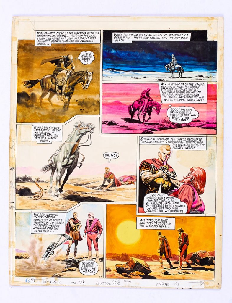 Trigan Empire original colour artwork drawn and painted by Don Lawrence from Look and Learn cover dated 28th February 1970 (later reprinted in Vulcan No 28 in 1976). Trigo and his arch-enemy, Zer Thorus, face the searing wilderness. From the Bob Monkhouse Archive. Gouache on board. 189 x 14 ins
