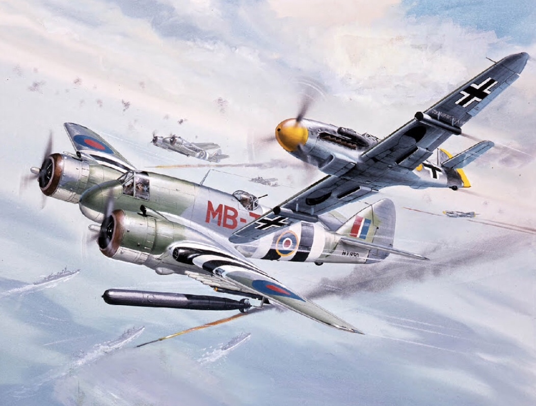 This Beaufighter plus Messerschmidt Bf 109-G art was first utilised on Airfix boxes in 1966