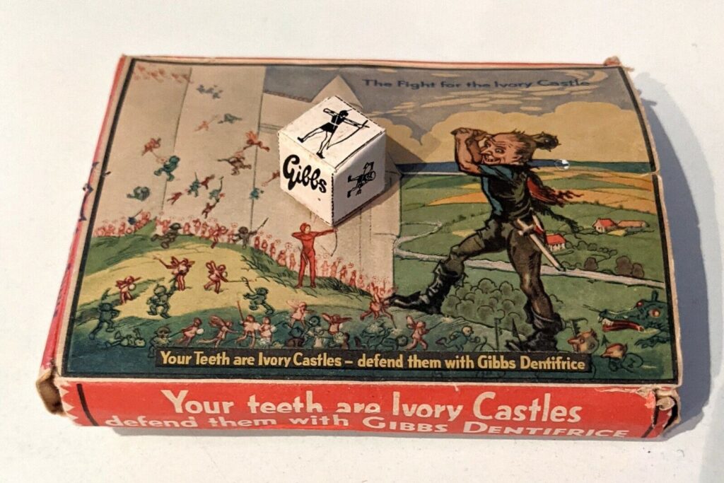 A copy of the Gibbs Dentifrice jigsaw No 3 – "Building the Ivory Castle", complete with dice | Image via eBay
