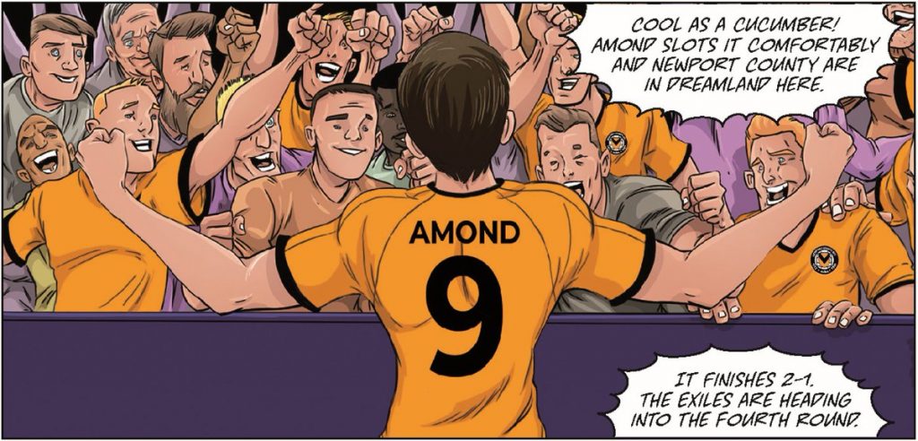 Newport's Padraig Amond’s celebrates his  85th-minute winner for the Exiles against Leicester City in the limited edition Roy of the Rovers comic