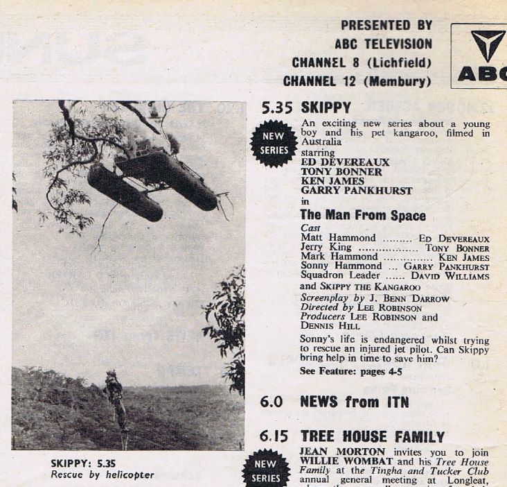 Listing for the first episode of “Skippy the Bush Kangaroo” in the UK on ABC Midlands, Sunday 8th October 1967, from TV World magazine