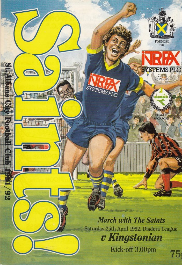 St Albans Football Club Programme - Saturday 25th April 1992 - cover art by John Gillatt