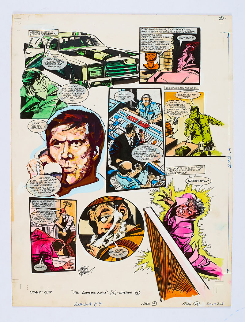 Six-Million Dollar Man original artwork painted and signed by Martin Asbury for Look-in cover dated 4th July 1975. Steve is electrocuted by Mandini… (Poster colour on board. 20 x 15 ins)