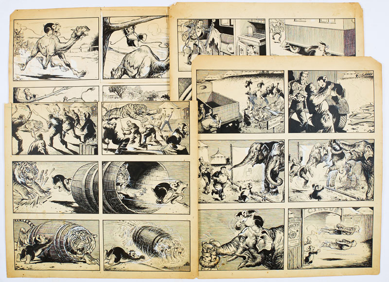 Barney's Bear original four page artwork by George Ramsbottom for The Dandy, published in the 1950s. Barney's Bear wreaks havoc at the circus (Indian ink on card. 18 x 15 ins (4 items)