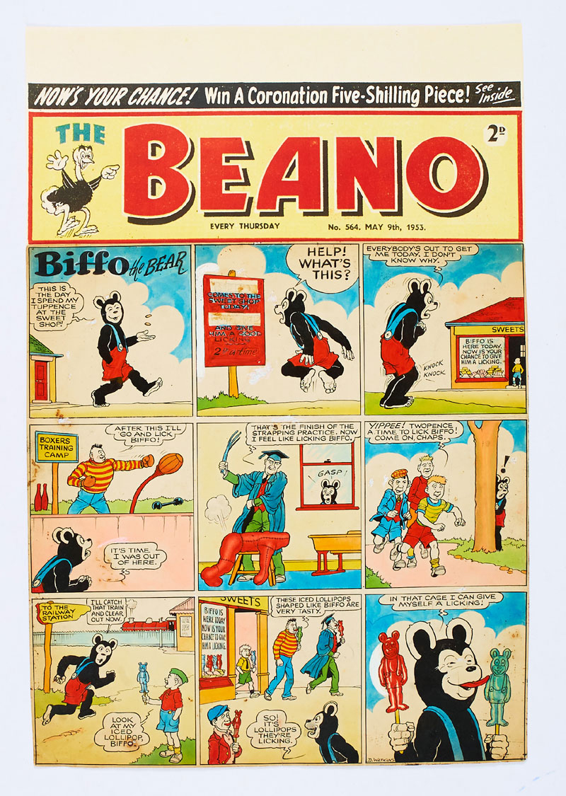 Beano/Biffo the Bear original front cover artwork (1953) drawn, painted and signed by Dudley Watkins for The Beano No 564 cover dated 9th May 1953. Biffo is upset that everyone wants to give him a good licking but they're all after Biffo shaped lollipops! (Poster colour and Indian ink on cartridge paper. 1½ ins sealed tear to lower margin. 20 x 14 ins. 'The Beano' header is a laser colour copy)