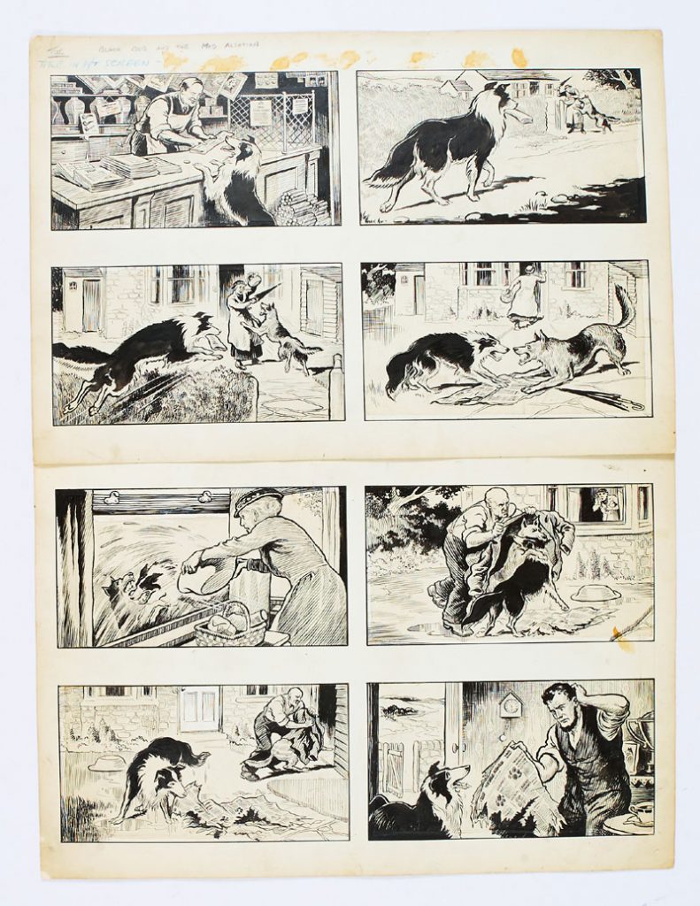“Black Bob and the Mad Alsatian” - original eight panel artworks by Jack Prout created in the 1950s for The Dandy/Black Bob books (Indian ink on card. 20 x 16 ins)
