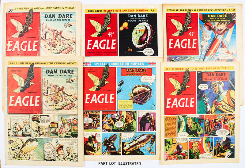 Eagle volumes 1-10 (1950-59). A complete 10 year run comprising 501 consecutive issues including two No 1s. Starring Frank Hampson's iconic space hero , Colonel Dan McGregor Dare, his nemesis The Mekon, The Red Moon Mystery, Prioners of Space, Rogue Planet, L Ashwell Wood's centre page 'cutaway' art, Captain Pugwash by John Ryan, P.C. 49, Harris Tweed, Luck of the Legion, Jeff Arnold, Montgomery of Alamein and the Life of Winston Churchill both by Frank Bellamy and special Coronation Numbers - all here - 501 items in total