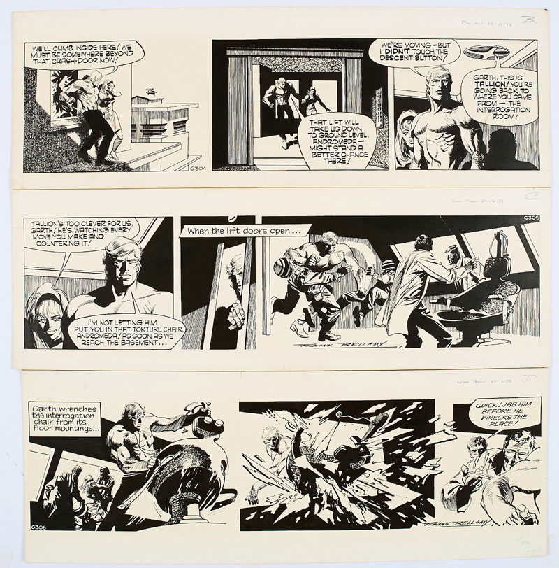 Three original consecutive Garth artworks, drawn and signed by Frank Bellamy from the Daily Mirror 22-27th December 1973. From the Bob Monkhouse Archive. Garth is trapped with Andromeda in Tallion's torture chamber… (Indian ink on board. 20 x 18 ins)