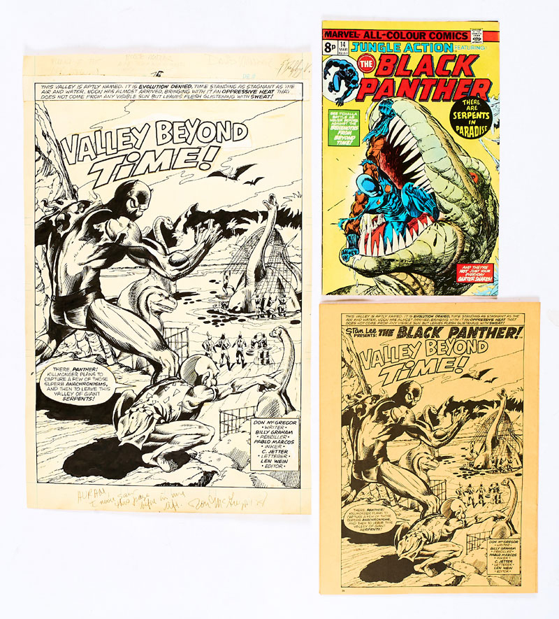  Jungle Action 14 (1975) featuring Black Panther, with Black Panther story additional opening page artwork published in 1976 in Marvel UK's Planet Of The Apes Issue 75. The art has wrongly been credited to Billy Graham in the auction listing. The pencils are actually by David Wenzel, inked by Duffy Vohland. (Indian ink on cartridge paper. 17 x 11 ins)