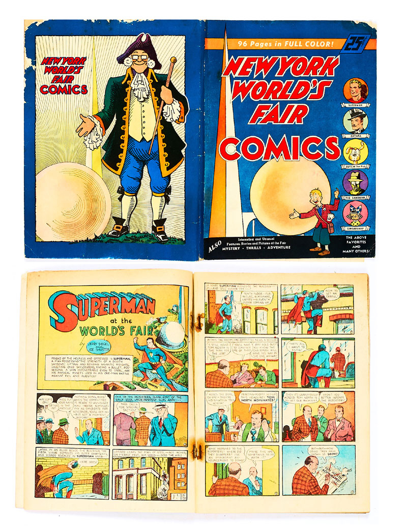 New York World's Fair Comics #1 (1939), starring Superman, Slam Bradley, The Sandman, Zatara and Gingersnap by Bob Kane. Showing a blonde Superman on the cover, this first edition was offered for sale at the 1939 New York World's Fair. It did not sell very well as its cover price of 25c was more than double the normal 10c comic book price of the time. 