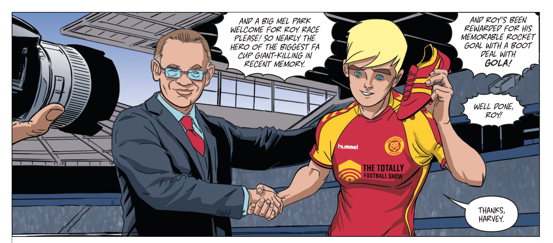 Gola's Harvey Jacobson with Roy Race in the upcoming graphic novel "Roy of the Rovers: Foul Play", on sale next month