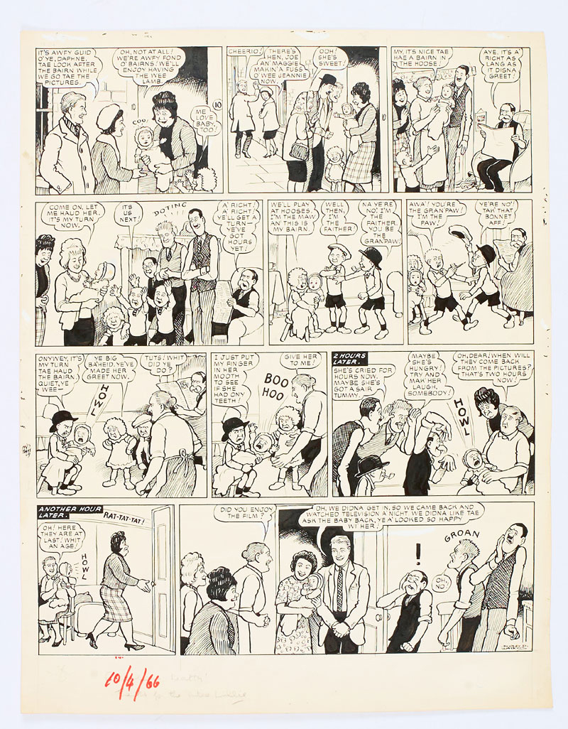 The Broons original artwork (1966) drawn and signed by Dudley Watkins from The Sunday Post 10 April 1966. The Broons look after the next door's neighbour's bairn while they go tae the pictures. She's a wee lamb - for the first five minutes… (Indian ink on cartridge paper. 19 x 15 ins)
