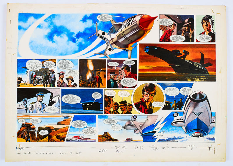 Thunderbirds original double-page artworkdrawn, painted and signed by Frank Bellamy for TV Century 21 No 131, 1967. From the Bob Monkhouse Archive. Fearing a rebel attack on the President super-ship Thunderbirds 1 keeps station but a rogue tanker is on collision course… (Bright Pelikan inks on board. 28 x 20 ins)