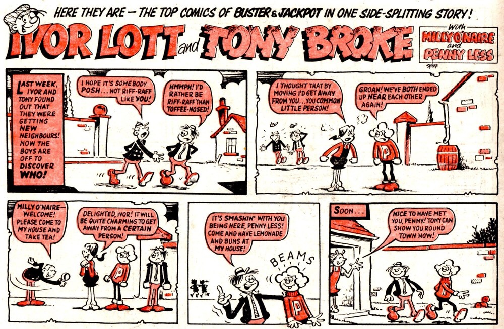 The opening scene from "Ivor Loot and Tony Broke" from the merger issue of Buster and Jackpot, cover dated 6th February 1982