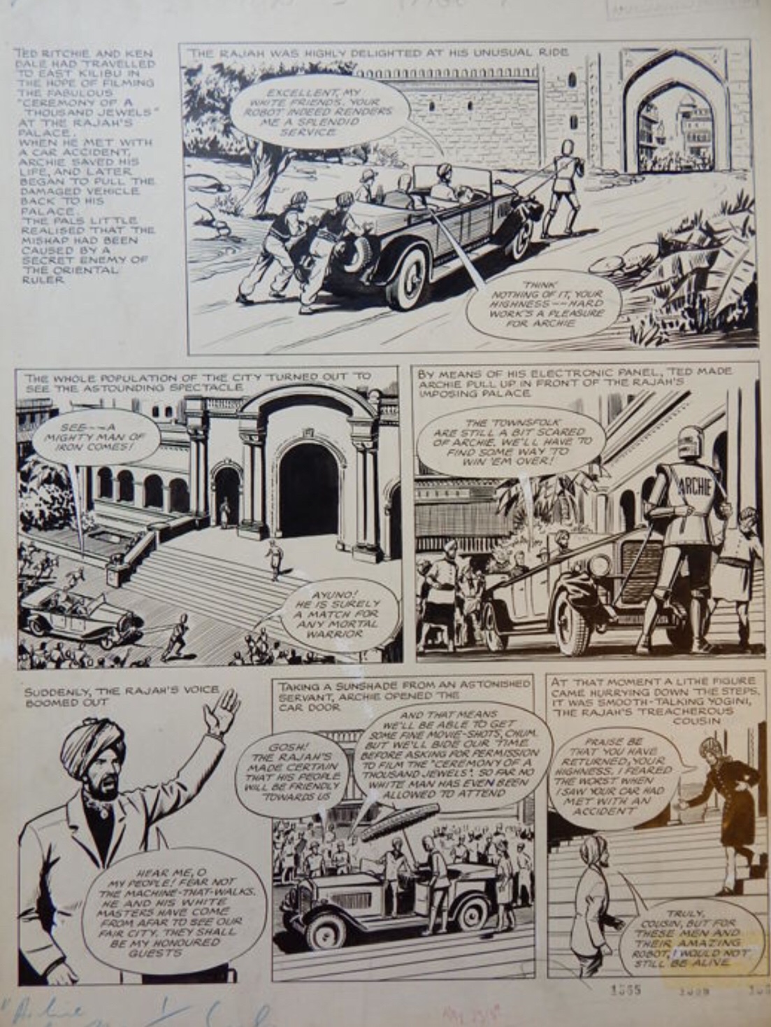 A page from a 1958 “Robot Archie” story, art by by Ted Kearon - titled “Archie, de man van Staal - Bodyguard to the menaced Rajan”