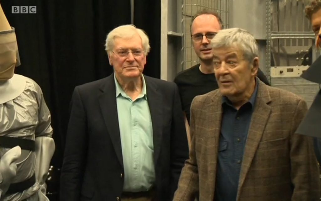 Peter Purves, Dr Andrew Ireland and Edward de Souza on the set of the recreated “Mission to the Unknown”